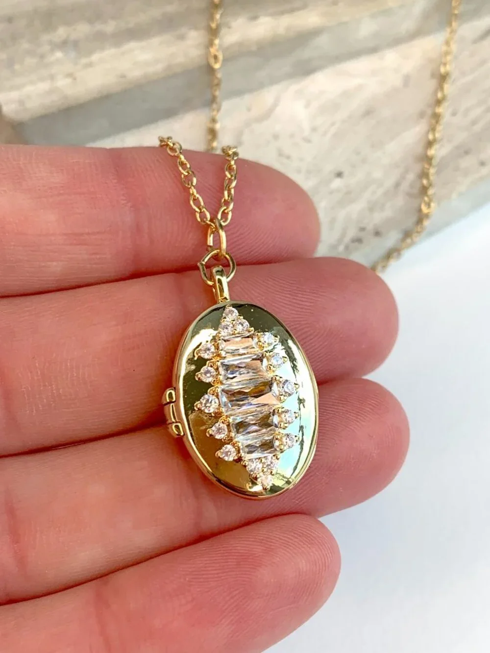 NEW ~ Anthropologie Oval CZ Baguette Gold Locket Necklace
